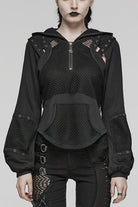 Black Long Sleeves Hollow Mesh Stitching Hooded Womens Steampunk Blouse