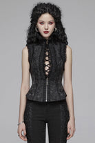 Black Stand Collar Sleeveless Floral Embroidery Lace Mesh Women's Gothic Waistcoat