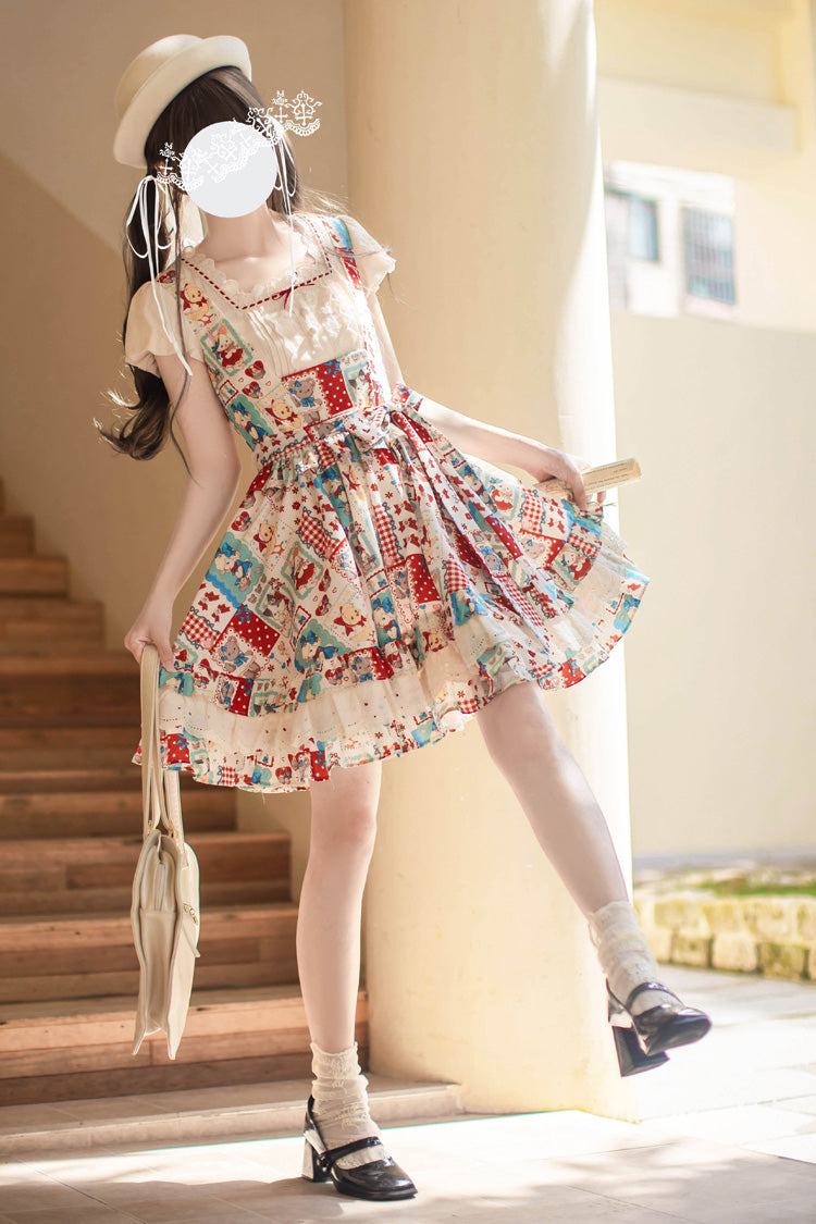 Multi-Color [Linlang Painting Shop] Sleeveless Multi-Layered Print Ruffle Sweet Vintage Lolita Jumper Dress
