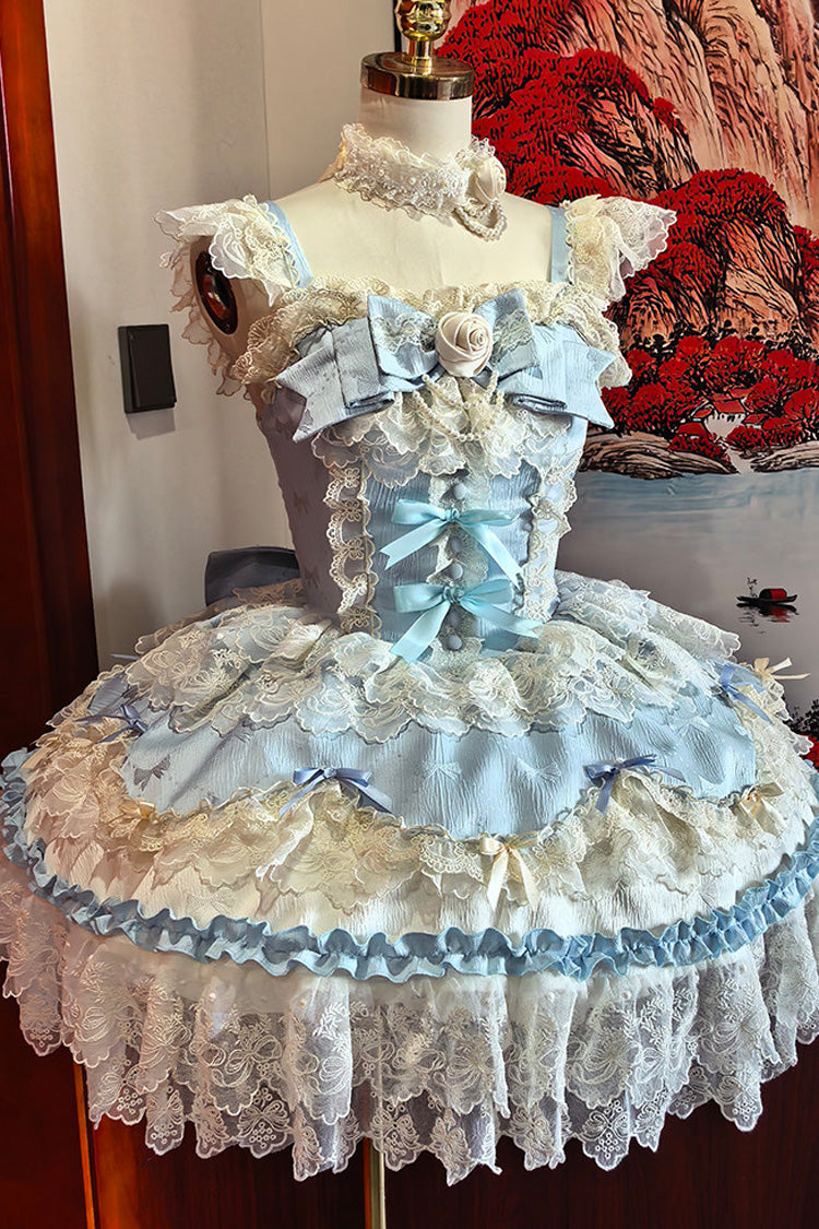 Blue [Rose Feather Romance] Square Collar Ruffled Bow Lace Ballet Sweet Lolita Jsk Dress