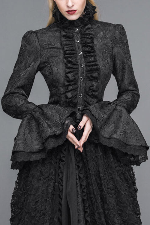 Black Trumpet Sleeves Lace Ruffled Vintage Print Womens Gothic Blouse