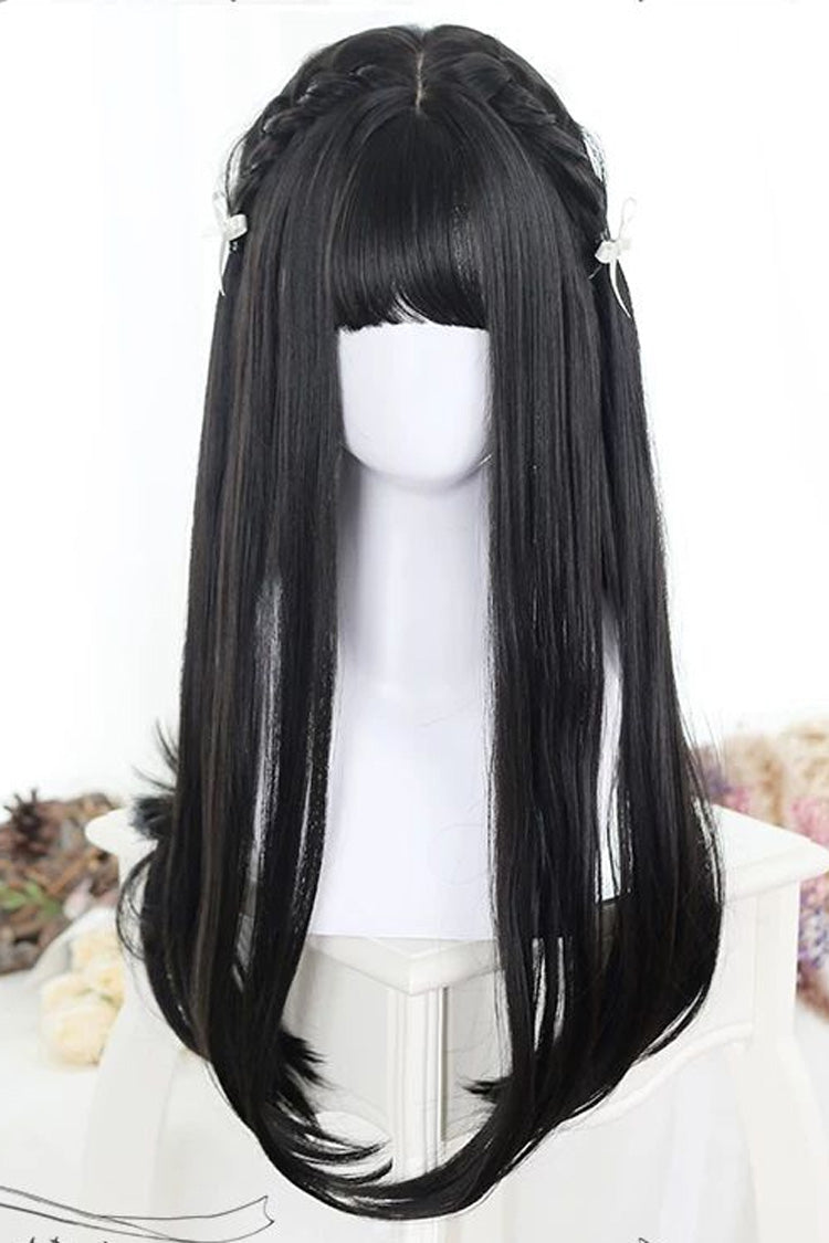 Natural Black Wispy Bangs Long Straight Sweet Daily Lolita Wig