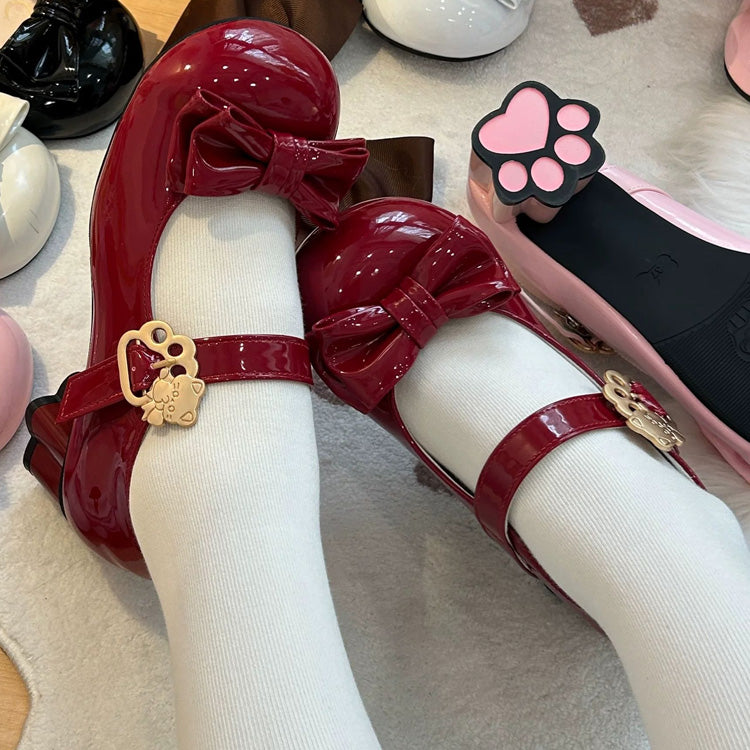 Cute Cat Element Round-Toe Bow Mary Jane Shoes with Cat Paw Heels 7 Colors
