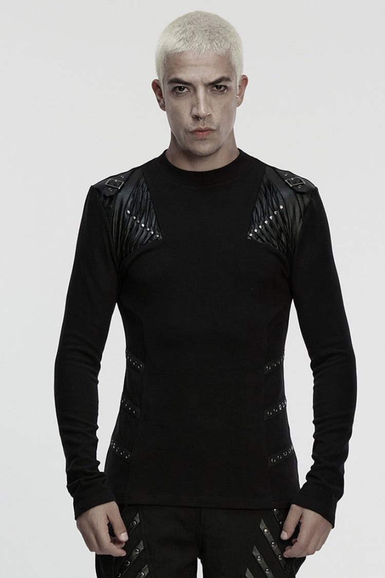 Black Round Collar Long Sleeves Buckled Strappy Pleated Eyelet Men's Punk Top