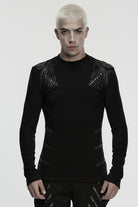 Black Round Collar Long Sleeves Buckled Strappy Pleated Eyelet Men's Punk Top
