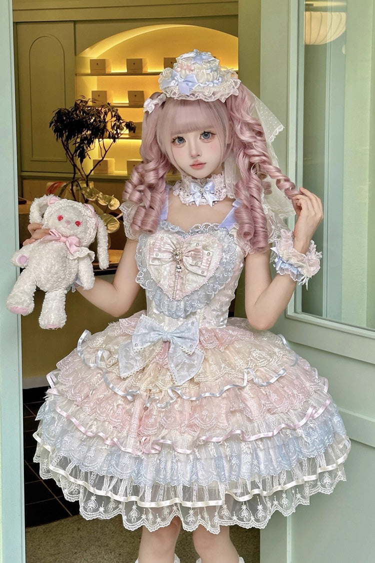 Rainbow Colors [Ballad of Feathers] Sleeveless Multi-Layered Ruffle Hanayome Bowknot Sweet Lolita Jsk Dress