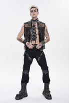 Black Stand Collar Sleeveless Spliced Mesh Studded Zippered Chain-Decorated Eyelet Men's Punk Vest