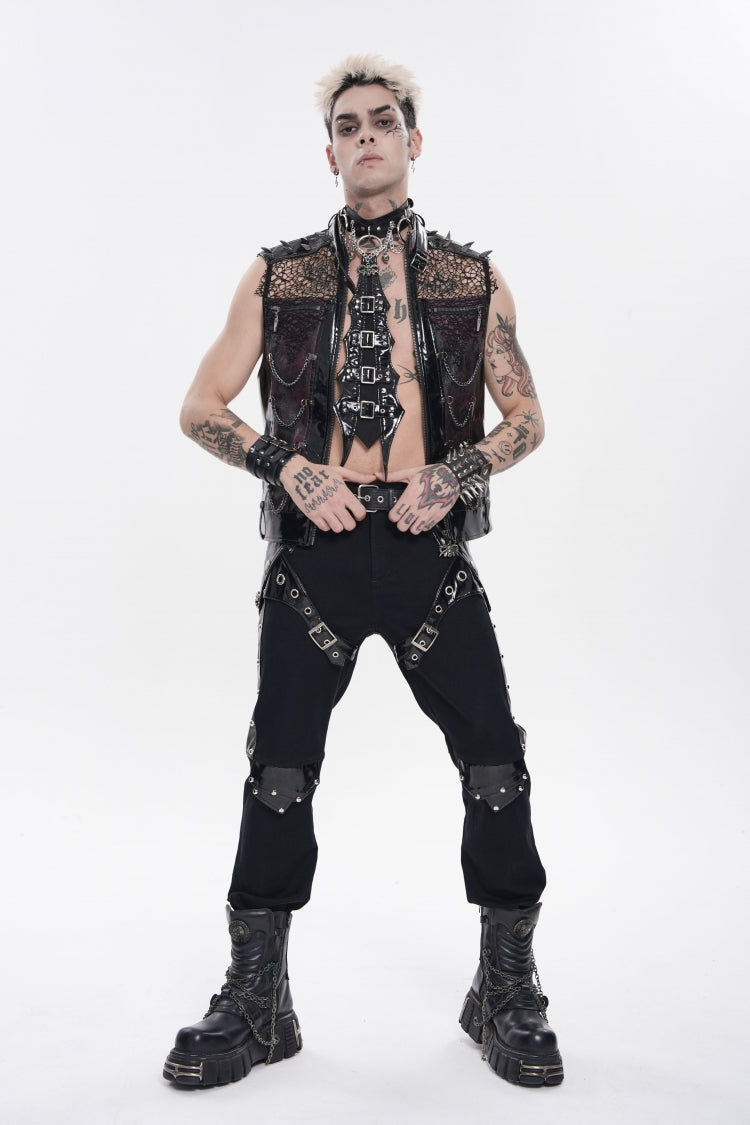 Black Stand Collar Sleeveless Spliced Mesh Studded Zippered Chain-Decorated Eyelet Men's Punk Vest