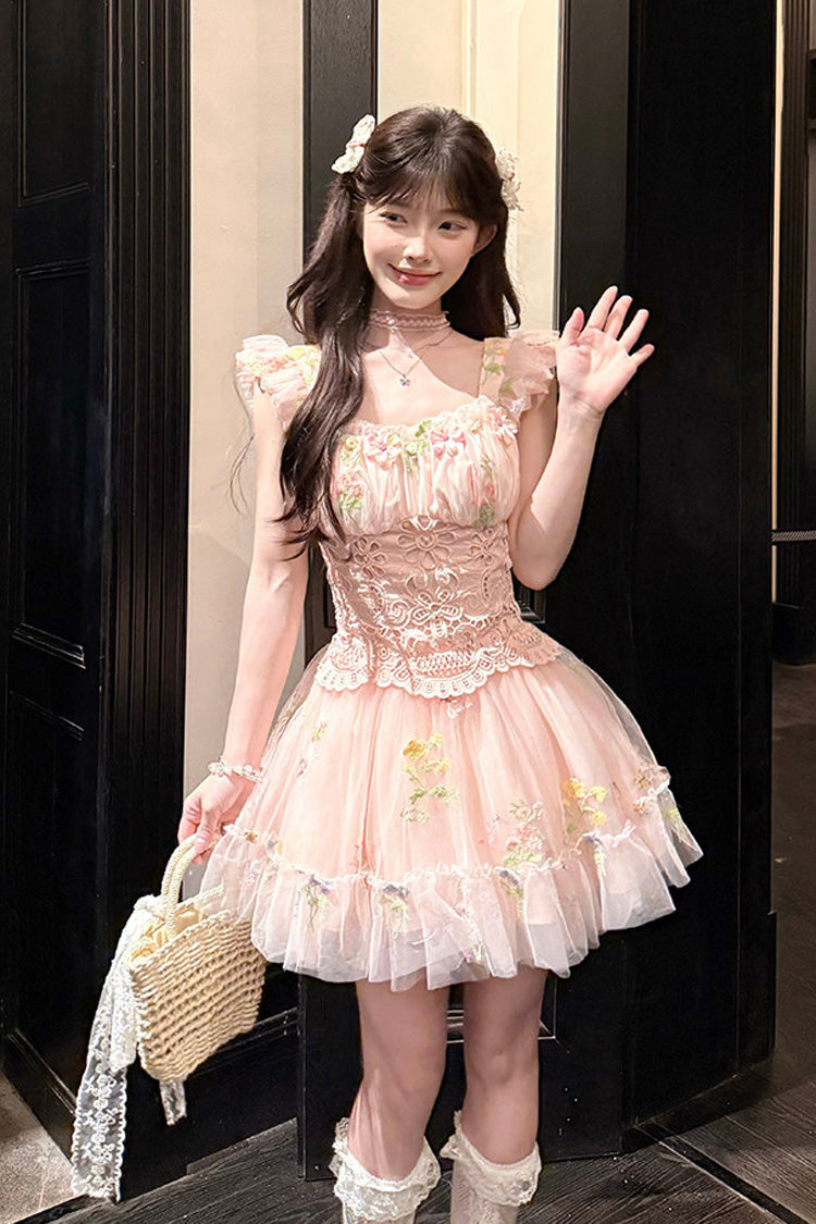 Pink [Raspberry Sweetheart] Square Collar Flutter Sleeves Ruffled Embroidered Bow Sweet Lolita Jsk Dress