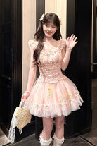 Pink [Raspberry Sweetheart] Square Collar Flutter Sleeves Ruffled Embroidered Bow Sweet Lolita Jsk Dress
