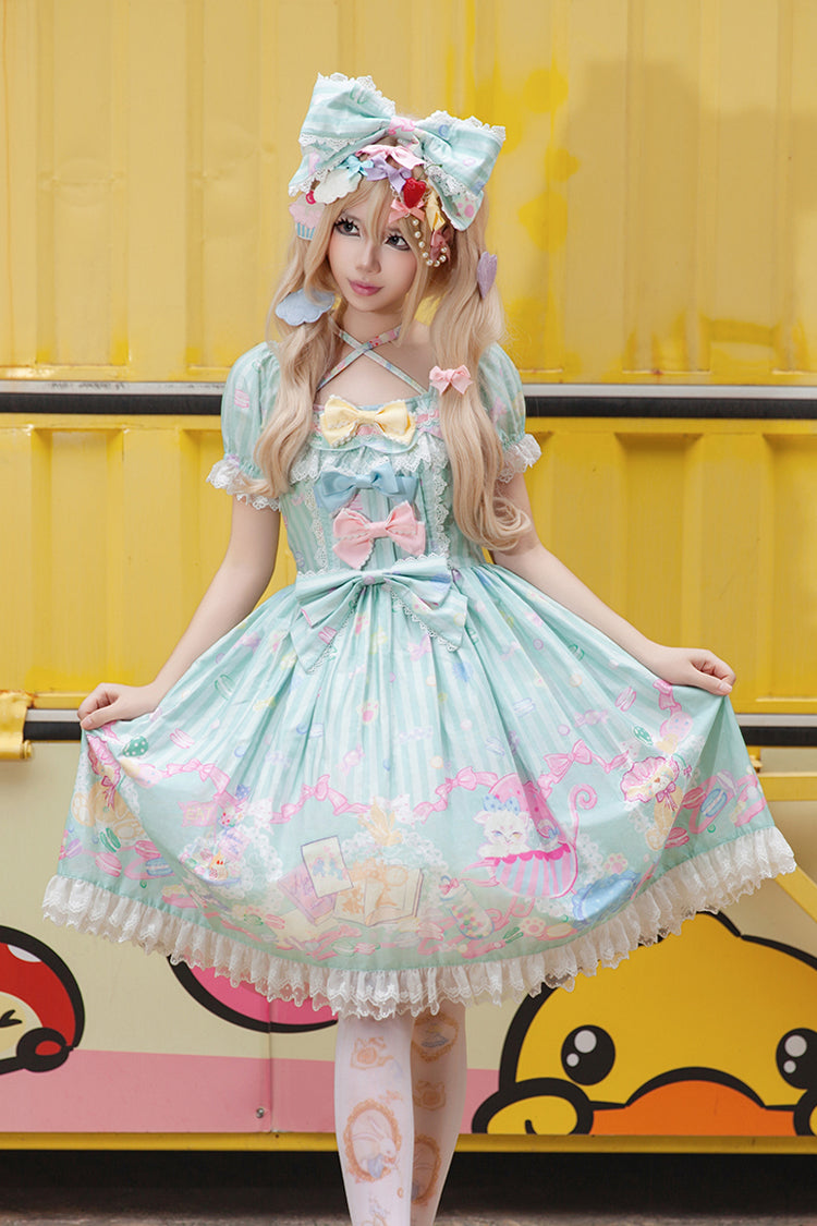 [Macaron Dolly House] Doll Collar Short Sleeves Print Bowknot Sweet Lolita Dress 3 Colors
