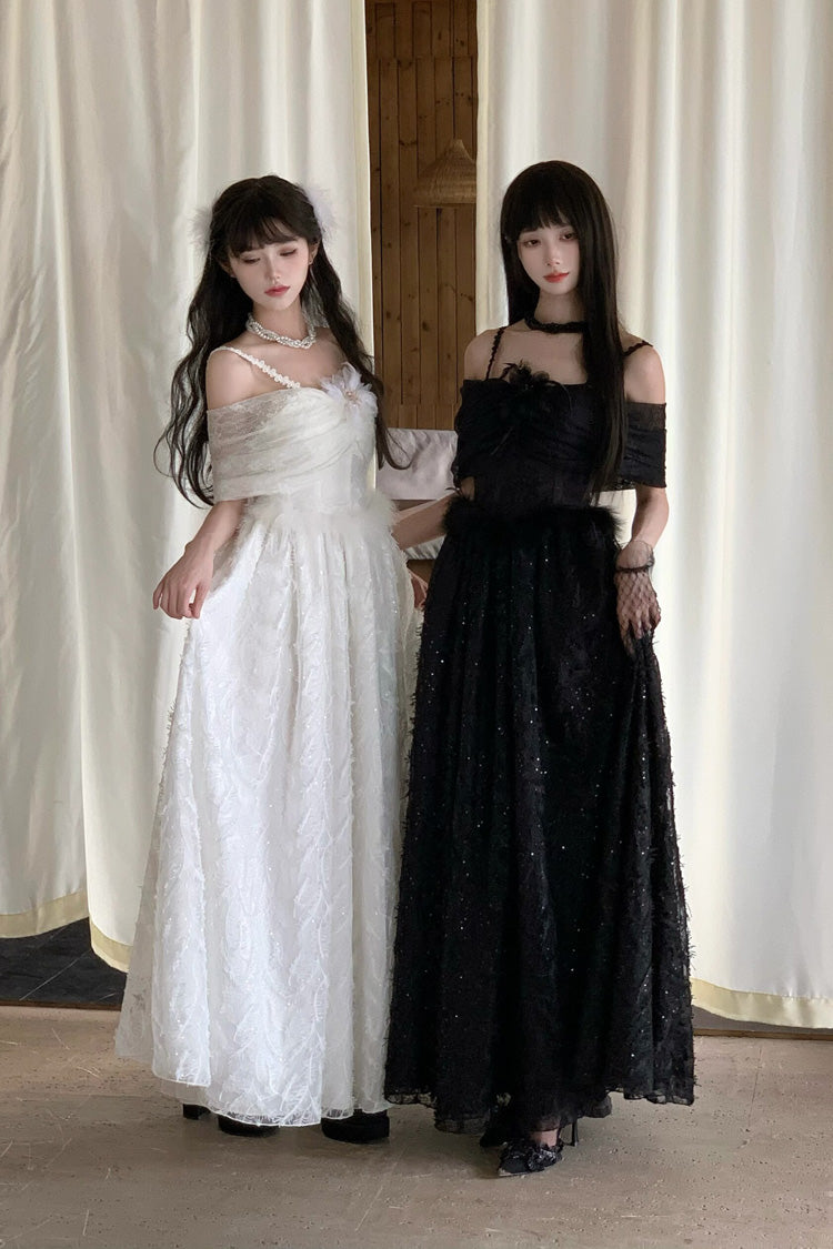 Black [Swan] Off Shoulder Jacquard Embroidered Bow Gothic Lolita Jsk Dress