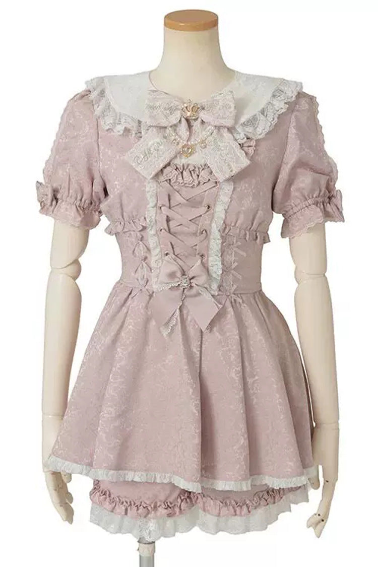 Sweet Lapel Collar Short Sleeves Jacquard Ruffled Bow Lace Jirai Kei Plus Size Japanese Lolita Dress Set 2 Colors