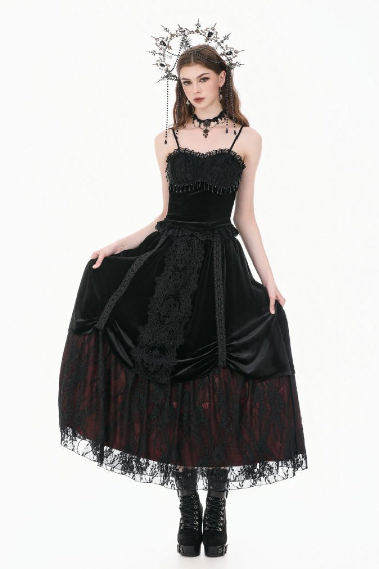 Black Lace Mesh Patchwork Velvet Women's Gothic Vintage Bustier with Beaded Tassel Drops