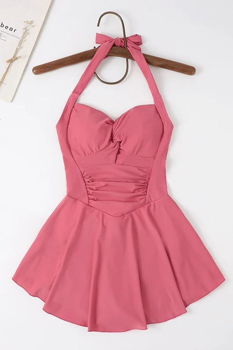 Watermelon Red Square Collar Halterneck Sleeveless Ruffled Lace-Up Sweet Lolita One-Piece Swimsuit