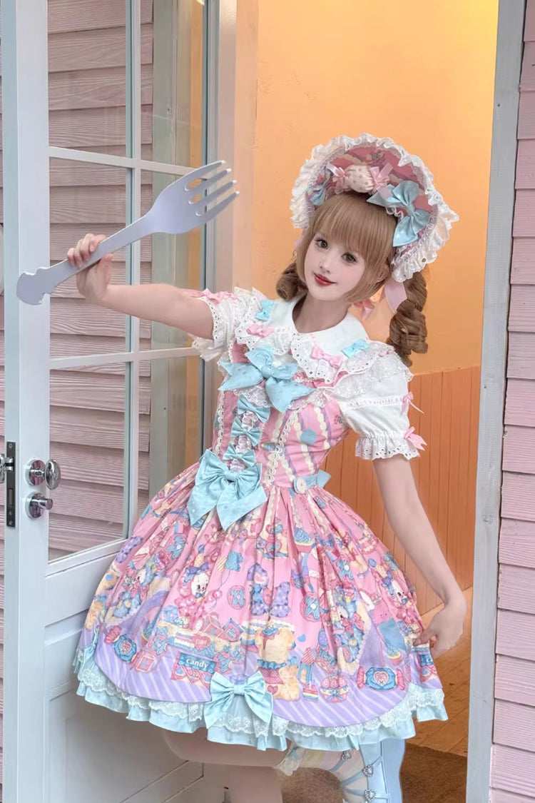 Pink [Rainbow Buffy Bunny] Sleeveless Double-Layered Ribbon Doll Printed Ruffled Bow Sweet Lolita Jsk Dress Set