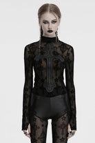 Black Stand Collar Long Sleeves Star Cross Embroidery Sheer Mesh Women's Gothic T-Shirt
