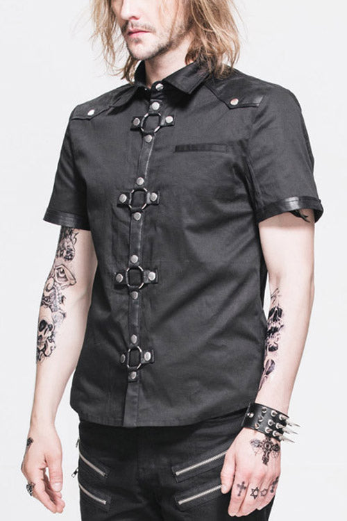 Black Locomotive Lapel Collar Short Sleeves Cotton Mens Punk Blouse