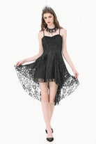 Black Lace-Up Women's Gothic High-Low Multi-Layered Ruffled Tail Lace Slip Dress
