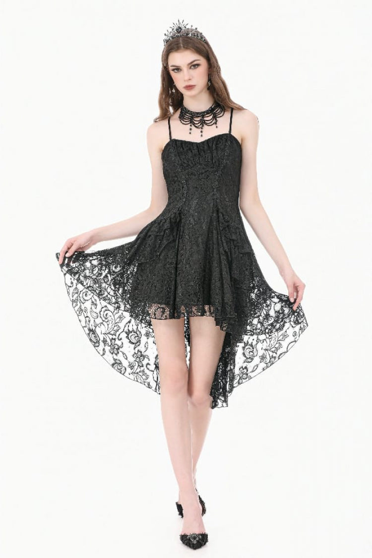 Black Lace-Up Women's Gothic High-Low Multi-Layered Ruffled Tail Lace Slip Dress