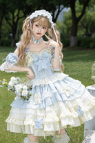 [Icy Blue Milky Wave] Square Collar Multi-Layered Printed Ruffled Bow Lace Sweet Lolita Dress Set