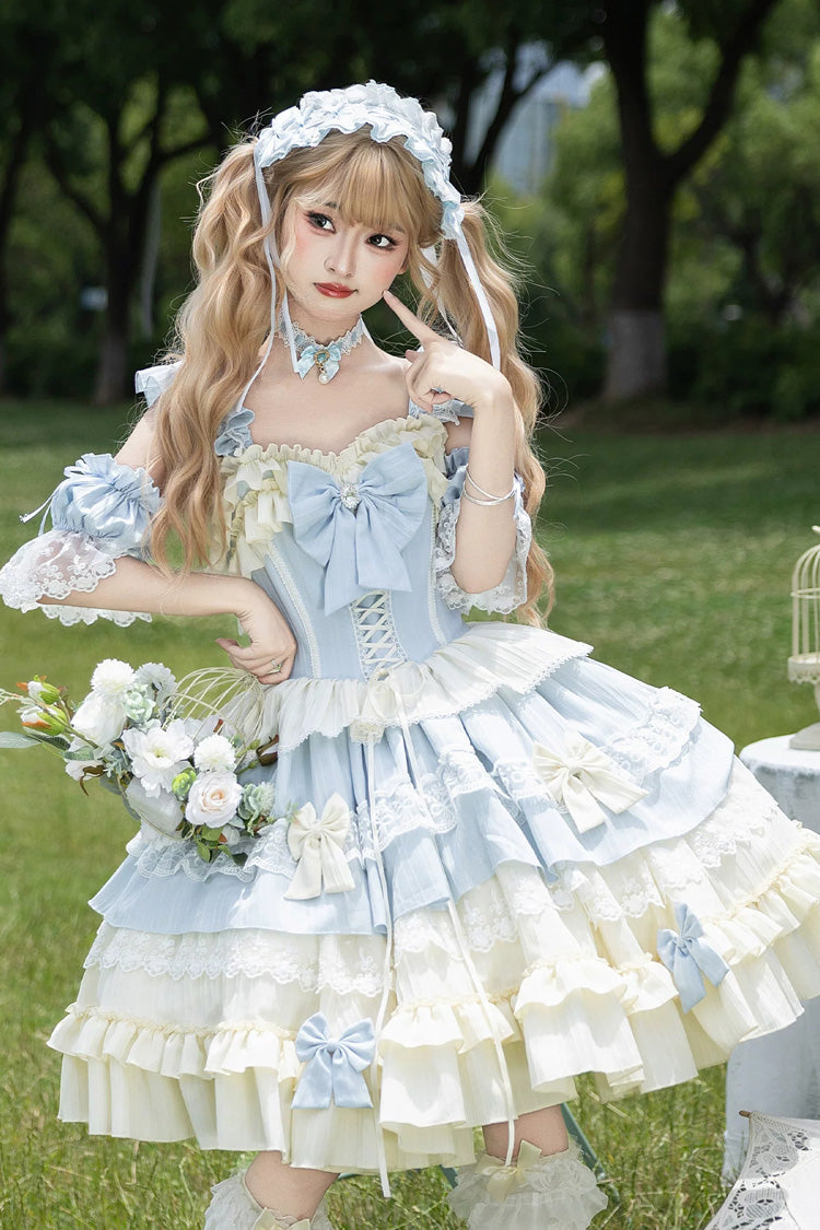 [Icy Blue Milky Wave] Square Collar Multi-Layered Printed Ruffled Bow Lace Sweet Lolita Dress Set