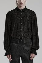 Black Lapel Collar Long Trumpet Sleeves Bronzing Pattern Print Mens Gothic Gorgeous Blouse