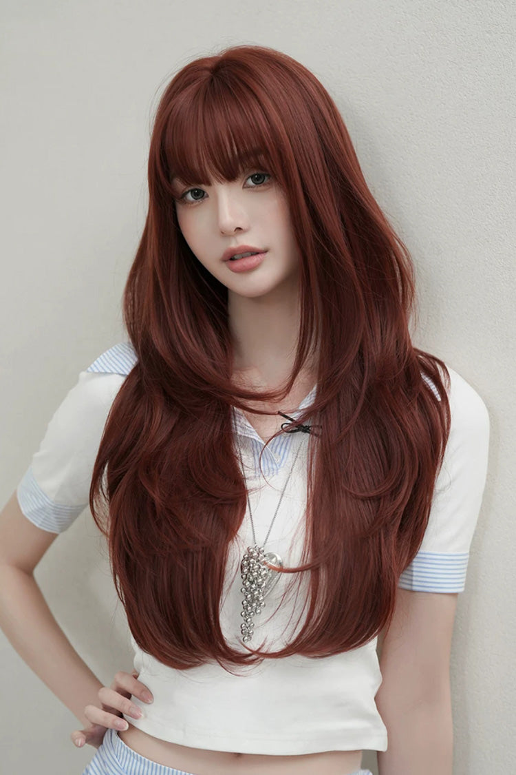Smoky Reddish Brown Full Air Bangs Multi-Layered Butterfly Cut Sweet Lolita Wig