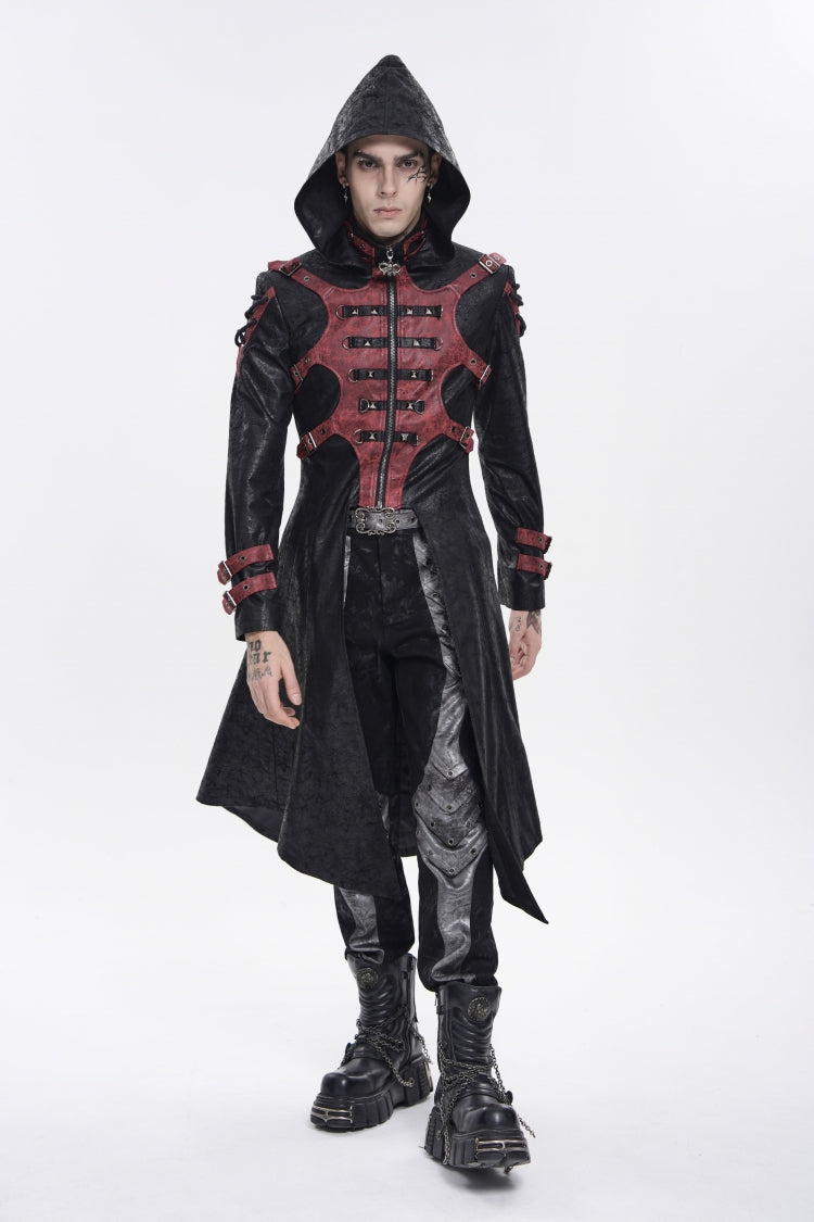 Black Stand Collar Long Sleeves Printed Spliced Studded Buckled Zippered Eyelet Men's Punk Cool Hooded Jacket