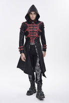 Black Stand Collar Long Sleeves Printed Spliced Studded Buckled Zippered Eyelet Men's Punk Cool Hooded Jacket