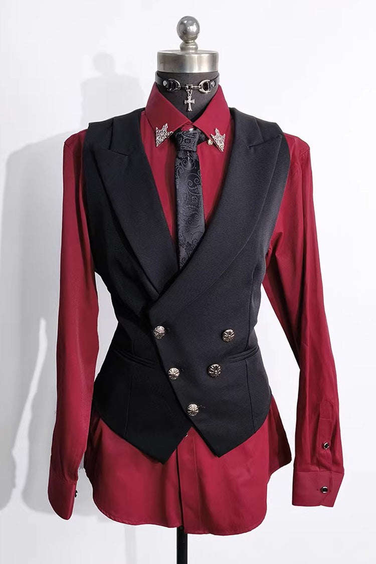 Black Sleeveless Ouji Gothic Lolita Waist-Cinching Vest with Silver Buttons