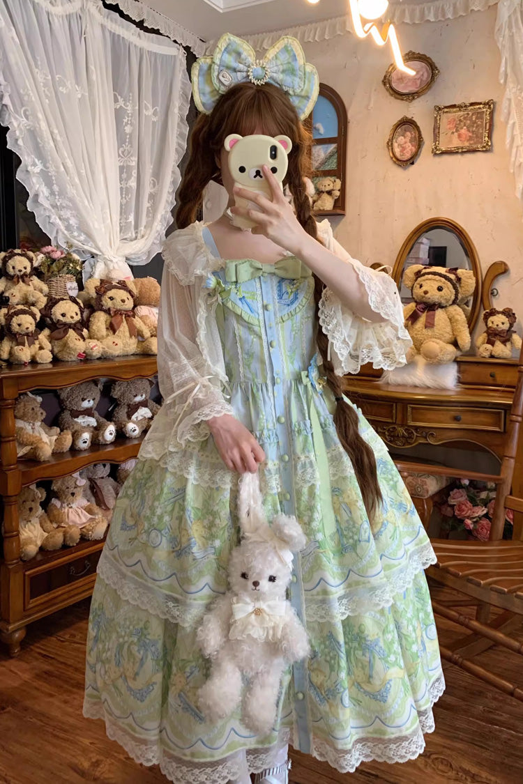 Blue/Green [Lily of the Valley Perfume] Pearl Candy Tea Doll Collar Sleeveless Printed Lace Plus Size Sweet Lolita Jsk Dress