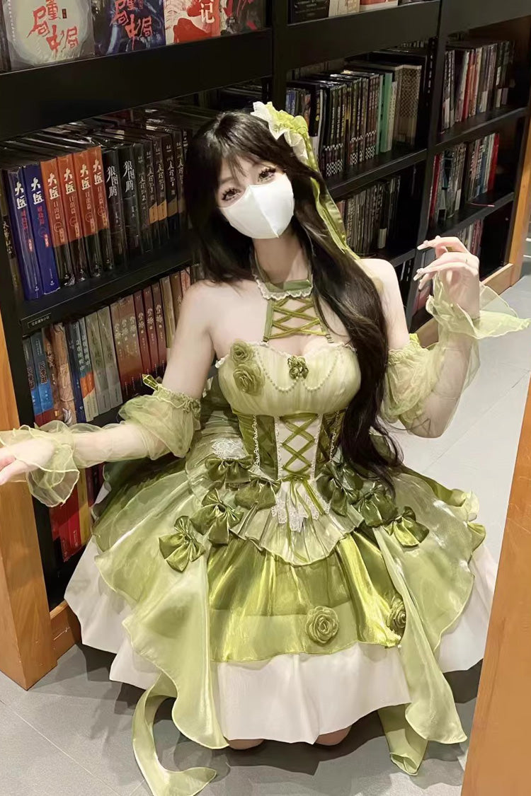 Green [Camellia Covenant] Halterneck Ruffled Bow Lace Lace-Up Sweet Lolita Jsk Dress