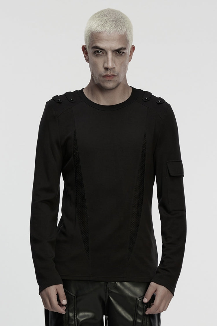 Black Round Collar Long Sleeves Cut-Out Spliced Mesh Men's Punk T-Shirt