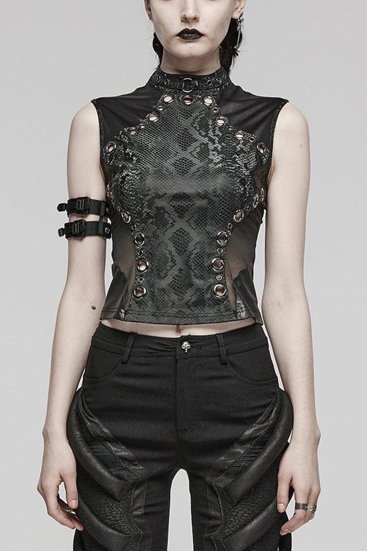 Black Snake Print Metal Ring Decoration Hollow Womens Steampunk Vest