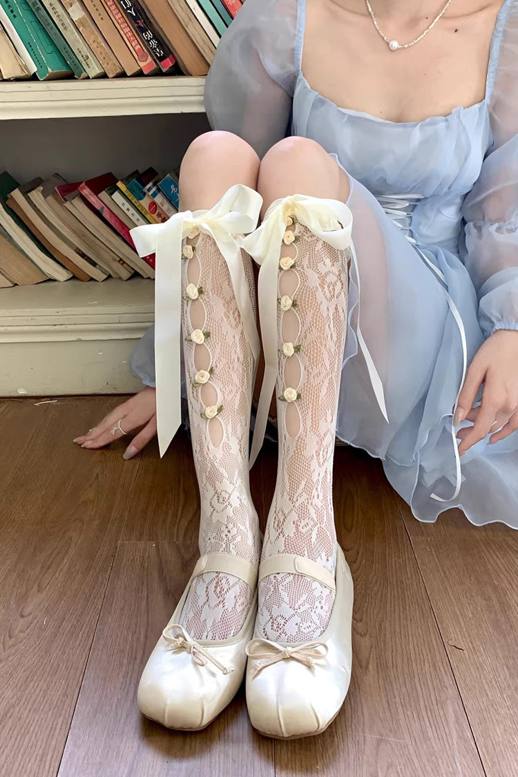 Flower Cut-Out Lace Bow Sweet Lolita Stockings 2 Colors