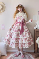 Rose Red [Grape Moon Almanac] Sleeveless Multi-Layered Printed Ruffled Bow Adjustable-Length Sweet Lolita Jsk Dress