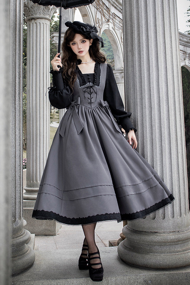 Grey [Mist Chronicle] Square Collar Long Sleeves Bowknot Lace-Up Color-Block Fake Two Pieces Classic Lolita Dress