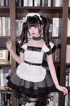 Grey/Black Short Sleeves Stripe Print Ruffle Jirai Kei Dress