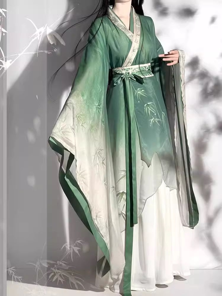 Green Bamboo Leaves Print Hanfu