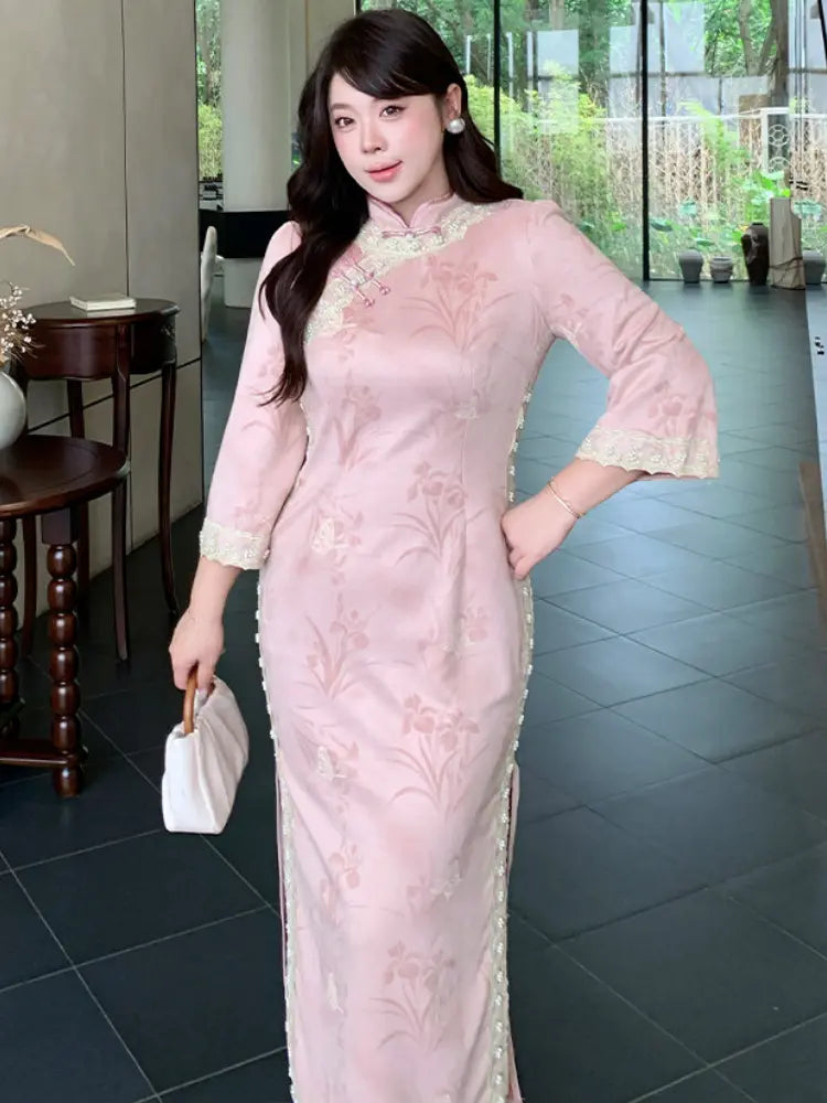 Plus Size Long Sleeve Pink Floral Qipao with Pearl Trim
