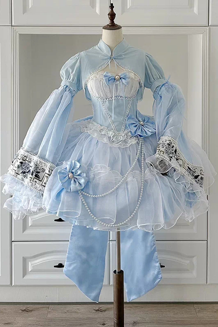 Blue/White Porcelain Printed Ruffled Bow Lace Sweet Plus Size Lolita Jsk Dress(Short Version)
