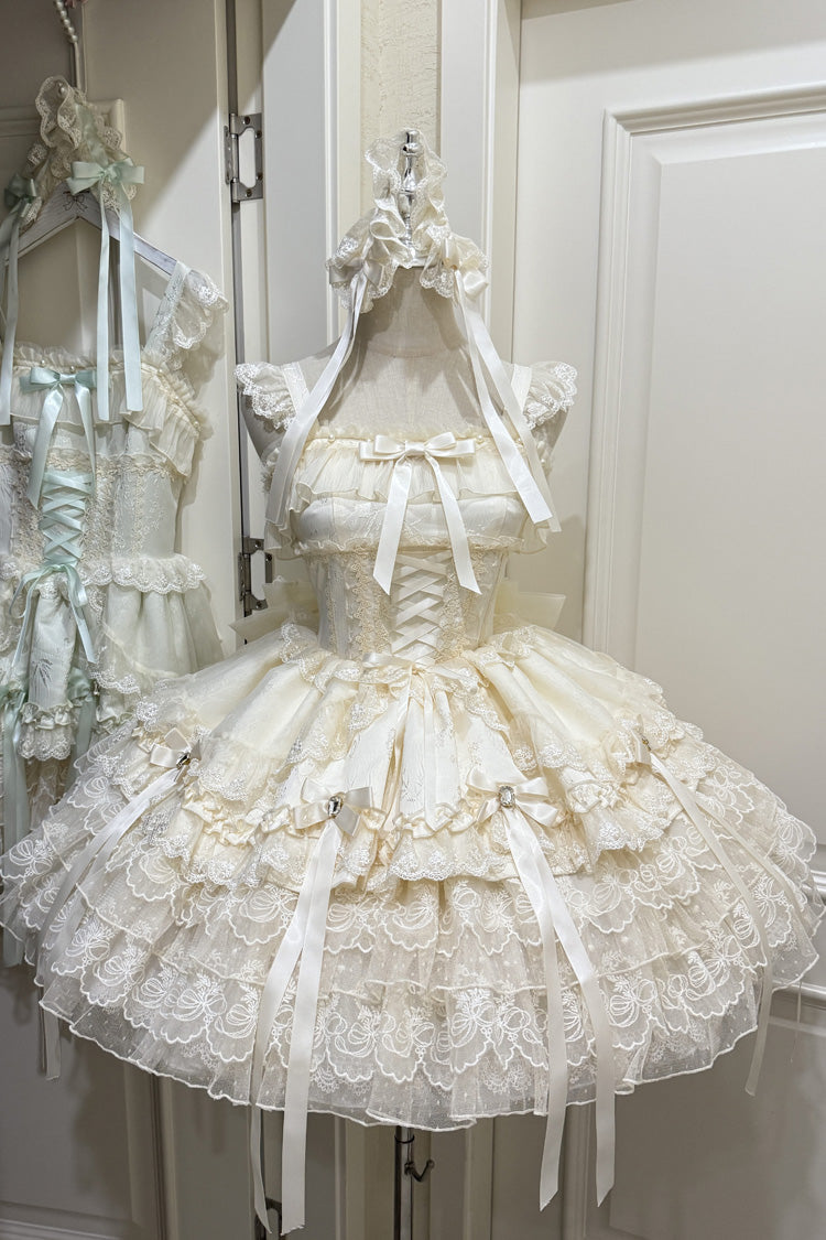 Apricot [Ribbon Heart Love] Sleeveless Multi-Layered Ruffle Bowknot Lace Lace-Up Sweet Princess Ballet Lolita Jsk Dress