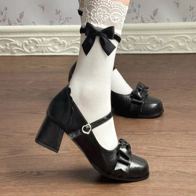 Bowknot Square Toe Sweet College Style Lolita High Heels Shoes 3 Colors