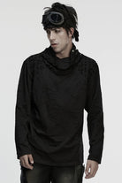 Black Stand Collar Long Sleeves Embroidered Ripped Studded Loose Men's Punk T-Shirt