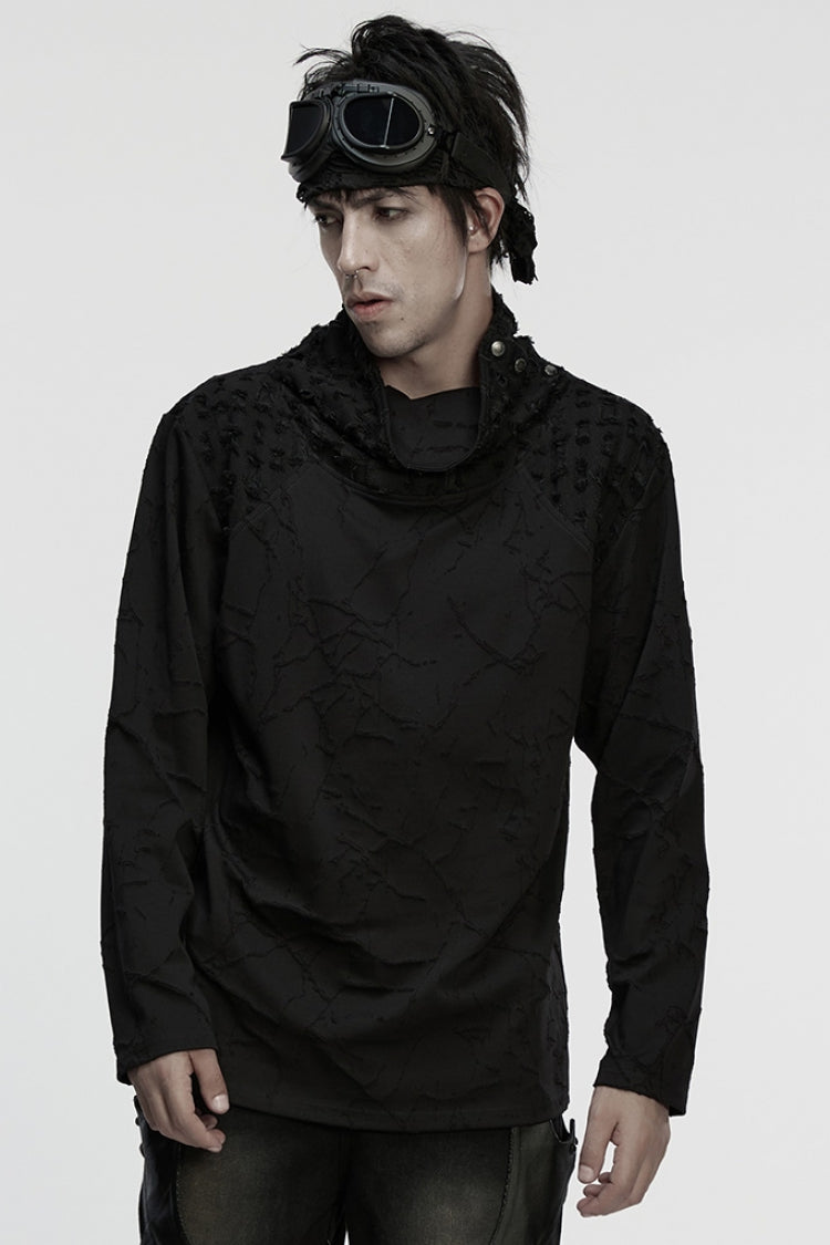 Black Stand Collar Long Sleeves Embroidered Ripped Studded Loose Men's Punk T-Shirt