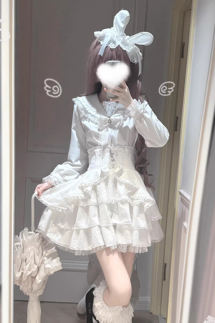 White [Snow Season Love Letter] Long Sleeves Multi-Layered Ruffled Bow Sweet Jirai Kei Lolita Skirt Set
