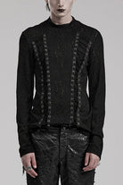 Black Round Collar Long Sleeves Jacquard Symmetrical Rope Mens Gothic T-Shirt