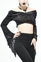 Black Long Sleeve Burnt Velvet Off-Shoulder Women's Punk Shirt