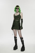 Black/Green Lace-Up Slim Asymmetric Zippered Eyelet Women's Punk Handsome Skirt